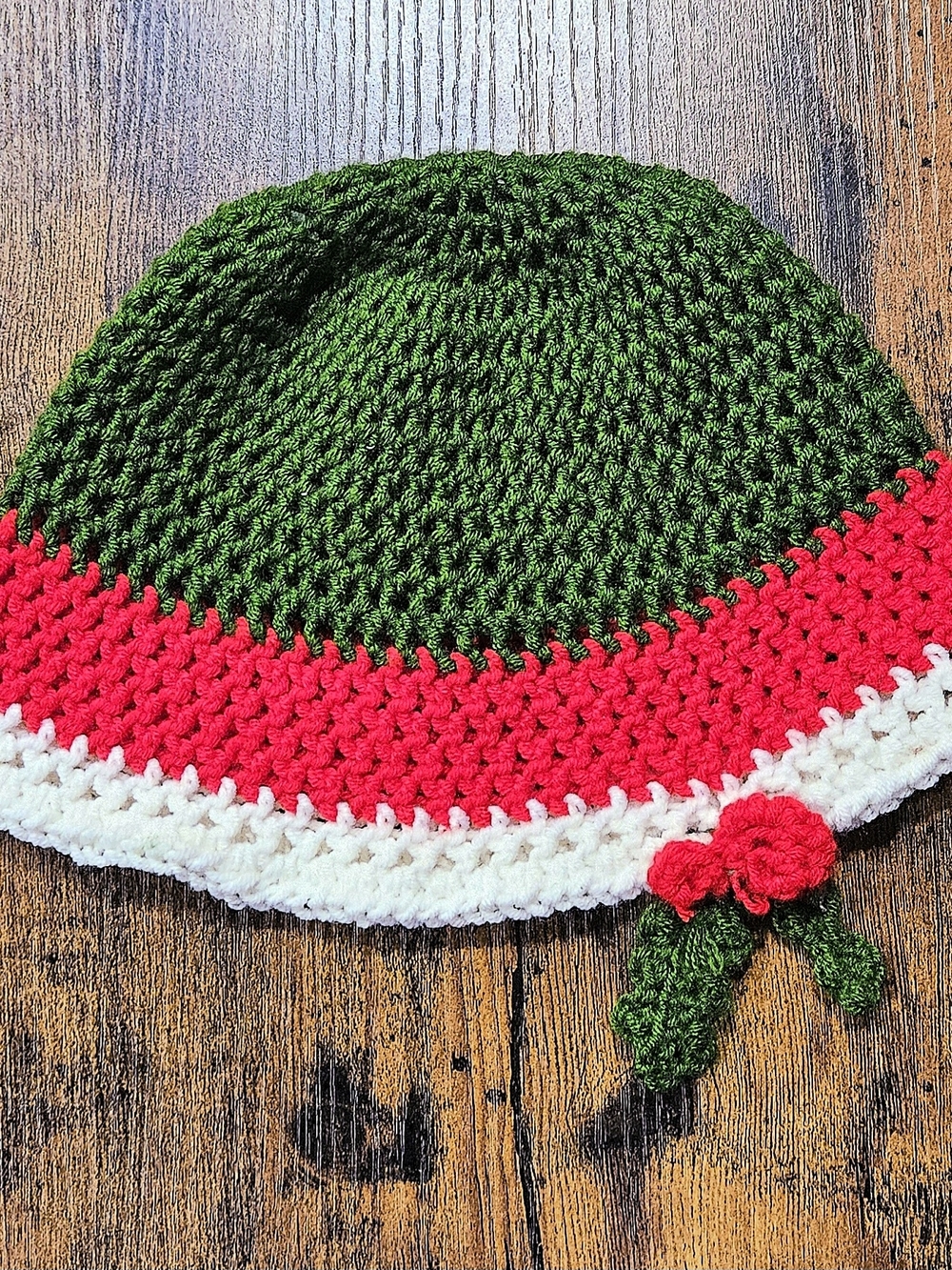 Green, Red & White Crochet Beanie with Mistletoe Accent